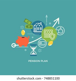 Pension plan concept illustration with financial and accounting icons and symbols such as piggy bank, cash money, coins, savings, time period, etc.