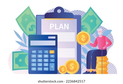 Pension plan concept. Old man sits with coin next to calculator. Passive income and financial literacy. Economy and trading. Character evaluates expenses and income. Cartoon flat vector illustration