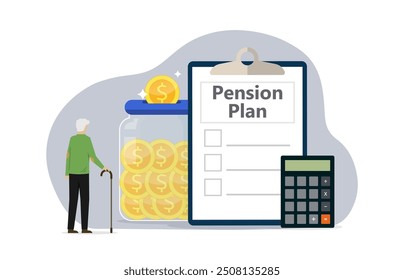 Concepto de Plan de pensión con carácter senior. Guardar Hombre mayor aumenta el dinero y para hacer Planes de lista para la vejez cómoda