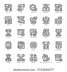Pension Plan Icon-Paket für Ihre Website, Handy, Präsentation und Logo-Design. Pensionsplan Icon Konturentwurf. Vektorgrafik-Illustration und bearbeitbarer Strich.