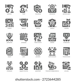 Paquete de iconos de Plan de pensión para su Sitio web, móvil, presentación y diseño de logotipo. Pension Plan Icon diseño sólido. Ilustración gráfica de Vector y trazo editable.