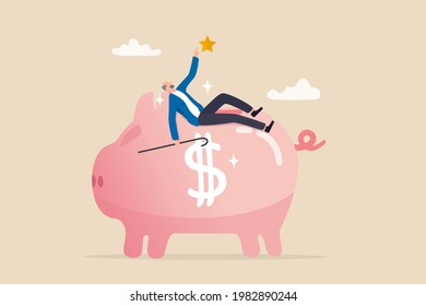 Pension plan for senior retiree, retirement savings fund, IRA, Roth or 401K, wealth management for elderly concept, happy elderly old man relax lay down on wealthy piggy bank pension fund.