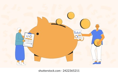 Pension preparation plan. Senior couple with money. Retirement savings. Finance for elderly people. Moneybox for family. Older adult with investment. Financial literacy for senior. Vector illustration