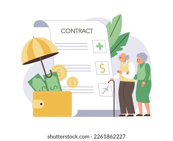 Pension or retirement benefits contract for employees, flat vector illustration isolated on white background. Happy retired elderly man and woman. Employee benefits concept.