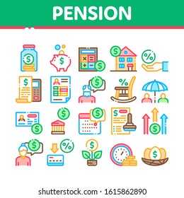 Pension Retirement Collection Icons Set Vector Thin Line. Money in Glass Bottle And Box, Calculator And Clock, Pension Finance Concept Linear Pictograms. Color Contour Illustrations
