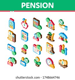 Pension Retirement Collection Icons Set Vector. Money in Glass Bottle And Box, Calculator And Clock, Pension Finance Isometric Illustrations