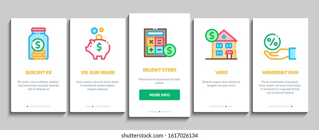Pension Retirement Onboarding Mobile App Page Screen Vector. Money in Glass Bottle And Box, Calculator And Clock, Pension Finance Concept Linear Pictograms. Color Contour Illustrations