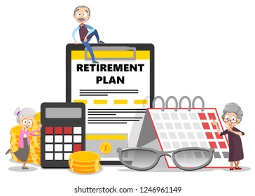 Pension retirement plan poster vector illustration. Cartoon pensioners planning increasing financial savings for future. Accounting icons and symbols such as calculator and coins