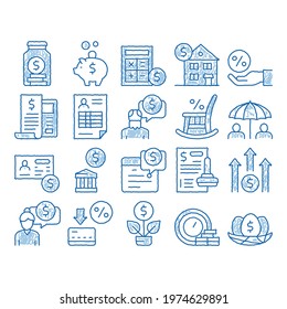 Pension Retirement sketch icon vector. Hand drawn blue doodle line art Money in Glass Bottle And Box, Calculator And Clock, Pension Finance Illustrations