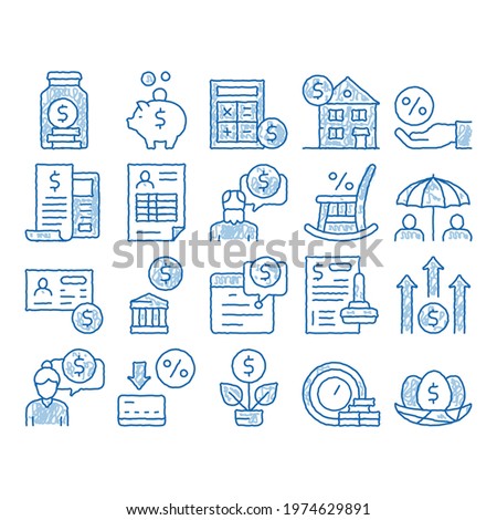 Pension Retirement sketch icon vector. Hand drawn blue doodle line art Money in Glass Bottle And Box, Calculator And Clock, Pension Finance Illustrations