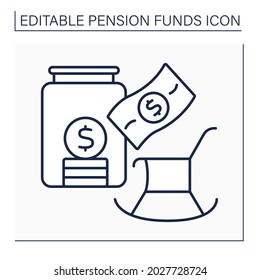 Pension Saving Line Icon. Saving Money Into Glass Jar. Accumulation Earnings.Pension Fund Concept. Isolated Vector Illustration. Editable Stroke