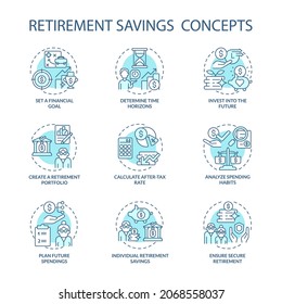 Pension savings concept icons set. Create fund for retirement idea thin line color illustrations. Money management. Future spendings calculation. Vector isolated outline drawings. Editable stroke