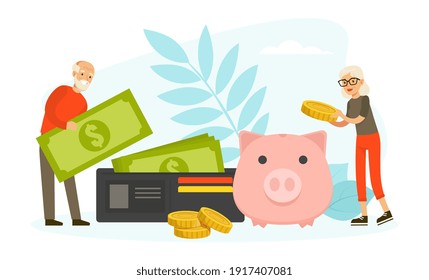 Pension Savings Concept, Senior People Holding Dollar Banknotes and Putting Coins in Piggy Bank, Pension Fund Vector Illustration