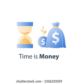 Pension savings fund, long term investment strategy, hourglass and bag, time is money concept, capital growth, asset allocation, financial value increase, future planning, vector icon