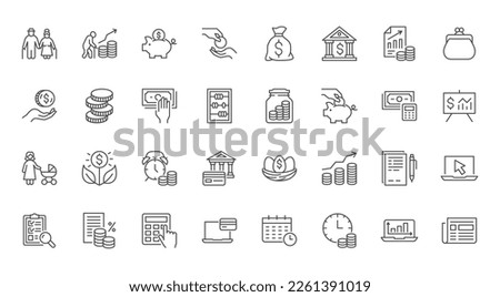 Pension savings line icons set. Retire plan, budget, senior money, bank deposit, investment fund, piggy bank, retirement payment vector illustration. Outline signs about finance. Editable Stroke