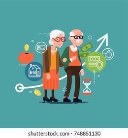 Pension savings and planning concept illustration with elderly couple, financial and accounting icons and symbols such as piggy bank, cash money, coins, savings, time period, etc.