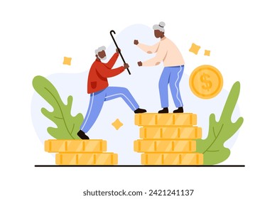 Ahorro de pensiones, ganancia por el presupuesto familiar de la pareja de ancianos, estabilidad financiera. Pequeño abuelo y abuela trepan en la pila de monedas de oro en dólares, los jubilados ahorran dinero ilustración vectorial de caricatura