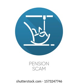 Pension scam blue flat design long shadow glyph icon. Retirement savings theft. Fake investment offer. Crime against elderly. Cold calling. Phishing. Financial fraud. Vector silhouette illustration