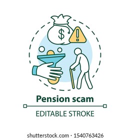 Pension scam concept icon. Fraud to retired person. Losing savings danger. Illegal scheme. Financial deception of elderly idea thin line illustration. Vector isolated outline drawing. Editable stroke