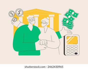 Pension scheme abstract concept vector illustration. Pension fund, retirement plan, employee money, old businessman, piggy bank, glass jar, workers earnings, finance adviser abstract metaphor.