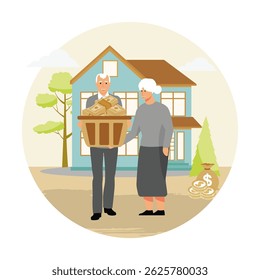Conceito de regime de pensões. Casal de idosos fica em pé em frente a uma casa, apresentando uma cesta de dinheiro Pension . 