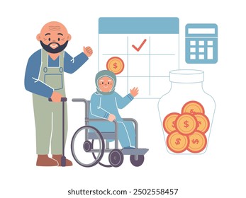 Plan de pensiones Jubilación Persona mayor de la edad de jubilación Abuelos que ahorran futuro Plan Icono de diseño Ilustración