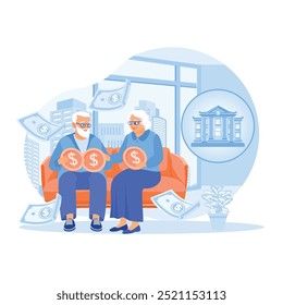 Regimes de pensões. Os pais idosos gerenciam e economizam recursos financeiros para o futuro. Conceito de licença de maternidade e paternidade. Ilustração de vetor plano.