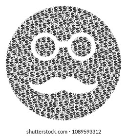 Pension smiley collage of dollars and spheric spots. Vector dollar currency pictograms are united into pension smiley illustration.