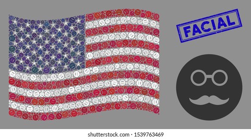 Pension smiley icons are organized into USA flag collage with blue rectangle distressed stamp watermark of Facial phrase. Vector collage of USA waving flag is designed of pension smiley elements.
