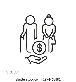 pension or social help icon, elderly man with woman, money assistance, financial support family, care olders, thin line symbol on white background - editable stroke vector illustration eps10