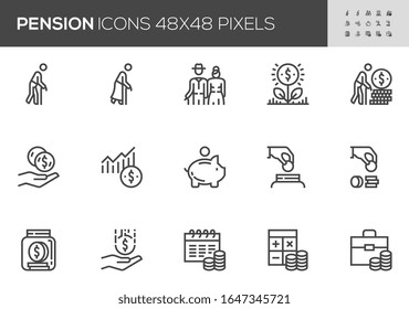 Pension Vector Line Icons. Retirement Plan, Pension Payment, Pension Fund, Benefits. Editable Stroke. 48x48 Pixel Perfect.