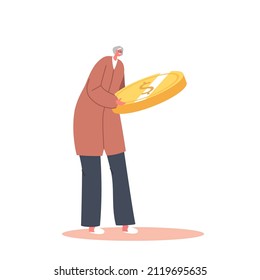 Pension, Wealth and Retirement Concept. Tiny Senior Woman with Huge Golden Coin. Investment Growth, Investor with Money, Single Female Character Budget Savings. Cartoon People Vector Illustration