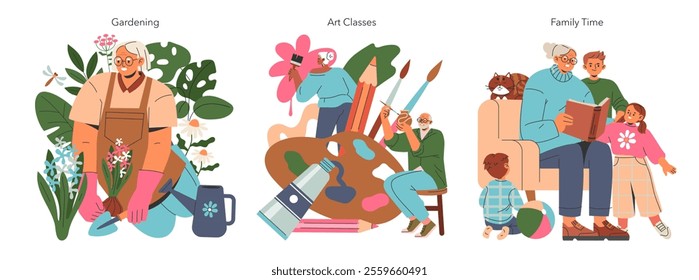 Pensioner Activities Set. Senior citizens engaging in gardening, art, and family bonding to combat solitude. Vector illustration.