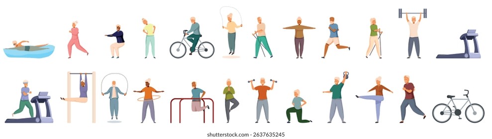 Pensioner cardio training icons set. Elderly people performing physical activities like swimming, cycling, yoga, and weightlifting, promoting health and wellness in old age