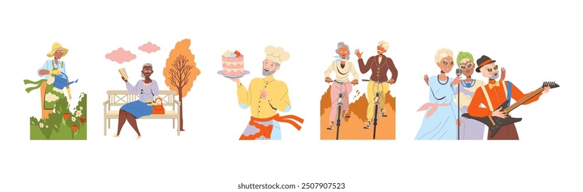 Pensioner Characters Engaged in Different Hobby Activity on Retirement Vector Set