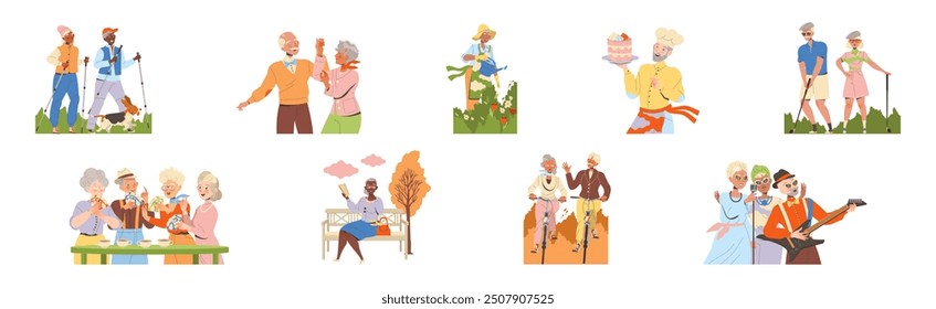 Pensioner Characters Engaged in Different Hobby Activity on Retirement Vector Set
