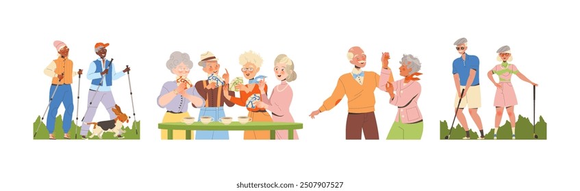 Pensioner Characters Engaged in Different Hobby Activity on Retirement Vector Set