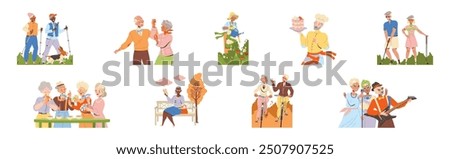 Pensioner Characters Engaged in Different Hobby Activity on Retirement Vector Set