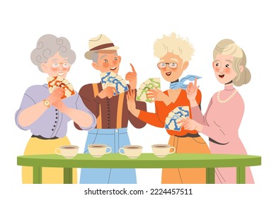 Pensioner Characters Playing Cards Game at Table with Cup of Tea Engaged in Hobby Activity on Retirement Vector Illustration