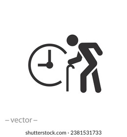 pensioner with clock icon, pension age, retirement time, flat symbol on white background - vector illustration