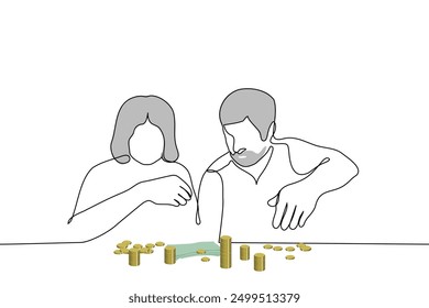 pensioner couple counting money - one line art vector. concept of pension savings, money and financial situation of the elderly. Handmade vector not AI