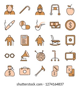 Pensioner and elderly icons pack. Isolated pensioner and elderly symbols collection. Graphic icons element