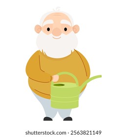 Pensioner elderly man with a green watering can in his hands