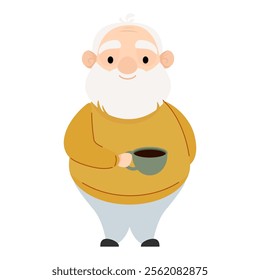 Pensioner elderly man in sweater with cup of coffee