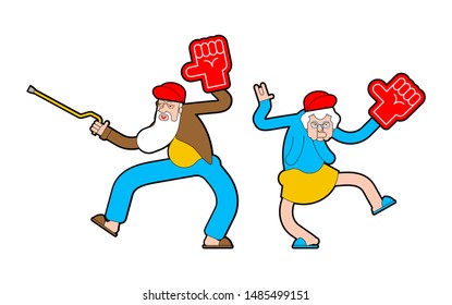 Pensioner fan with foam arm. Grandfather and grandmother Fanatic isolated vector illustration