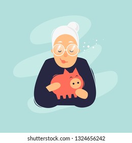 Pensioner holds piggy bank. Pension, savings. Flat design vector illustration.