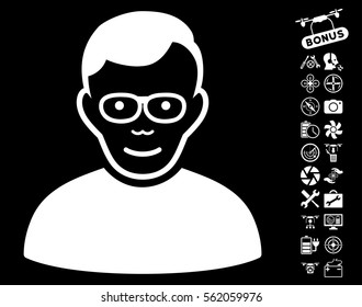 Pensioner icon with bonus nanocopter service images. Vector illustration style is flat iconic white symbols on black background.