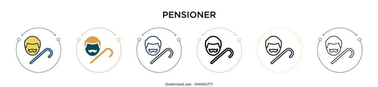 Icono del pensionista en el estilo relleno, delgado, contorno y trazo. Ilustración vectorial de dos iconos vectoriales coloreados y negros se puede utilizar para móviles, ui, web