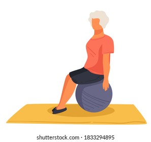 Pensioner keeping fit training with fitball, exercises for senior people. Active female character strengthening organism and muscles. Lady working on body shape, gymnastics vector in flat style