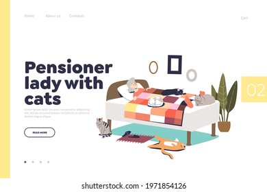 Pensioner lady with cats concept of landing page with senior woman sleeping in bed and pets around. Cute elder grandmother rest in bedroom with cats. Flat vector illustration